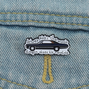 Supernatural 1967 Impala enamel pin on denim jacket with driver picks music quote