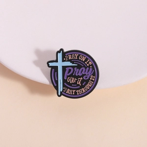 Religious Cross Inspirational Enamel Brooch Pin Round Purple Zinc Alloy Prayer Quote Badge Jewelry Backpack Accessories