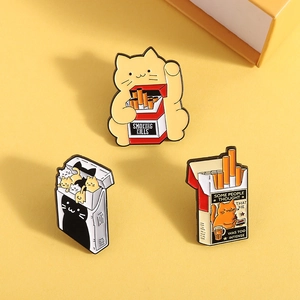 Funny cartoon cat cigarette box enamel pins set made of high quality colorful zinc alloy