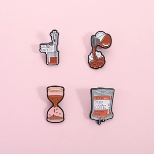 Creative coffee series enamel pins featuring injection and hourglass designs for coffee lovers