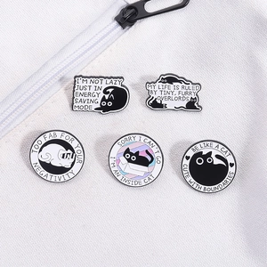 Set of 5 minimalist black and white cat enamel pins featuring cute cartoon kitten designs