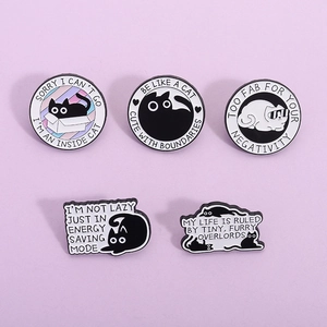 5-piece cute black cat enamel pins set with funny quotes on light purple background