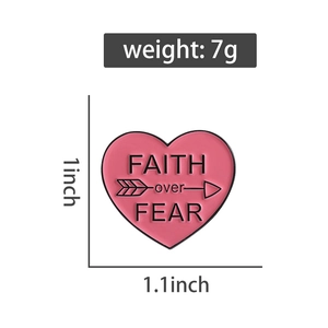 Detailed size and weight specs for the pink enamel heart brooch with Faith over Fear quote
