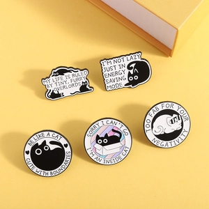 Set of 5 cartoon cat enamel pins with funny phrases on a bright yellow background
