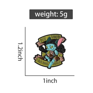 Detail view of the Dice Goblin enamel pin showing 1.2 inch dimensions and 5g weight