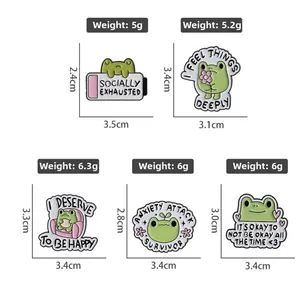 Detailed size and weight chart for five funny green frog enamel lapel pins