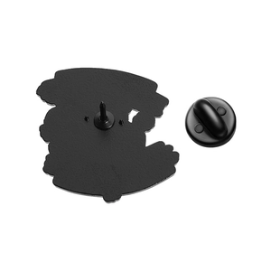 Detail view of the black metal pin back with secure rubber butterfly clutch closure
