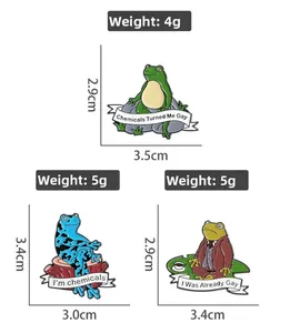 Detailed size and weight specs for funny frog enamel pins in three unique creative designs
