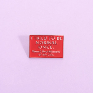 Minimalist red geometric enamel brooch with English quote and silver metal frame