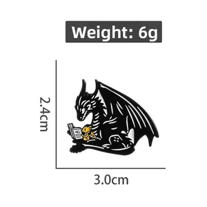 Detail view of cartoon dragon enamel pin showing dimensions 3.0cm width and 6g weight