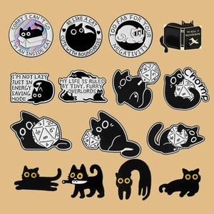 Cute black cat enamel pin set with cartoon designs including books and dice in 15 styles