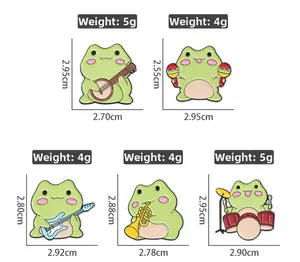 Set of 5 musical frog enamel pins with instrument details and exact measurements