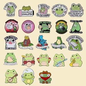 Funny cartoon frog enamel pin set with geometric metal badge designs for clothes and bags