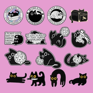 Collection of 14 black cat enamel pins featuring funny quotes and unique cartoon designs