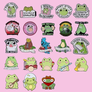 Funny cartoon frog enamel pins collection with musical and astronaut designs for backpacks