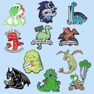 Cartoon dinosaur enamel pins set featuring cute Yoshi and colorful dragon designs