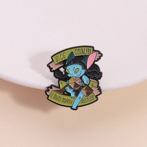 Creative Dice Goblin enamel pin with blue cartoon character and colorful d20 dice elements