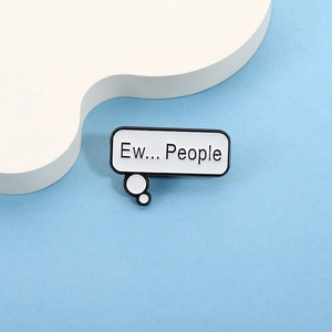 Minimalist speech bubble enamel pin with 'Ew... People' text on a blue background