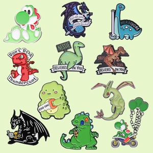 Collection of 11 colorful cartoon dinosaur enamel pins featuring iconic anime characters