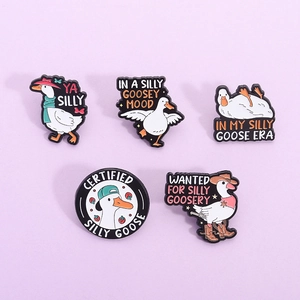 5-piece silly goose enamel pin set with creative cartoon animal badges on purple background