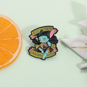 Cartoon Dice Goblin enamel pin badge featuring DND elements on a fresh green background