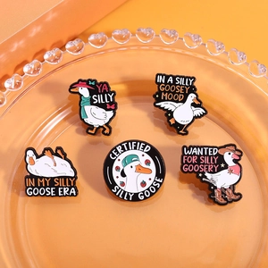 5-piece cute white silly goose enamel pin set with creative letters in various funny poses