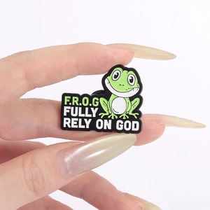 Cartoon frog metal enamel pin with F.R.O.G Fully Rely On God inspirational quote