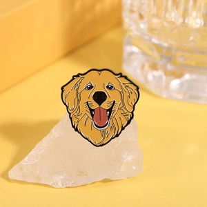 Detail of golden retriever enamel pin accessory on white crystal over yellow background