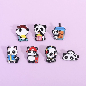 Set of 7 cartoon panda enamel pins featuring cute poses like skating and drinking boba tea