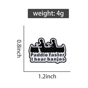 Detail showing weight and dimensions of the black canoe silhouette enamel badge