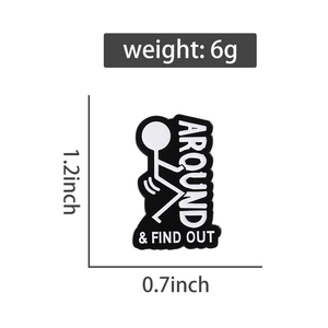 Detail view of cartoon stickman enamel pin with size measurements and 6g weight specs