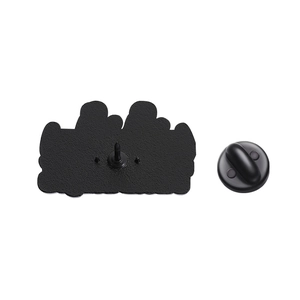 Detail view of the black matte enamel pin back and rubber clutch fastener accessory