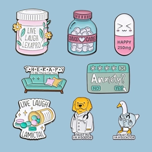 Lot de 8 épingles en émail en forme de flacons médicaux avec humour sur la santé mentale