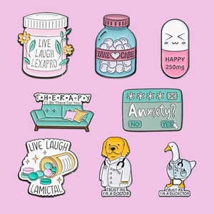Lot de pins en émail humoristiques avec flacons de médicaments et thèmes de santé mentale