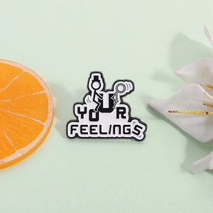 Cute black and white stickman enamel pin with letter U and your feelings text