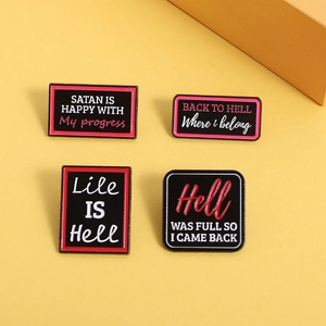 Funny enamel pin set with sassy slogans in black, red and white on yellow background