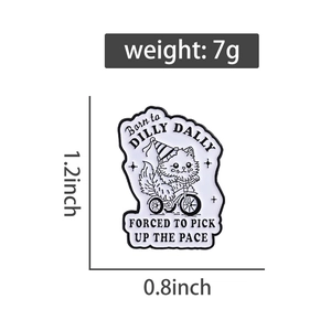 Detailed view of cat riding tricycle enamel pin with size and weight dimensions