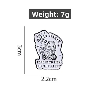 Detailed size chart of a cartoon cat riding a tricycle enamel pin with dimensions and weight