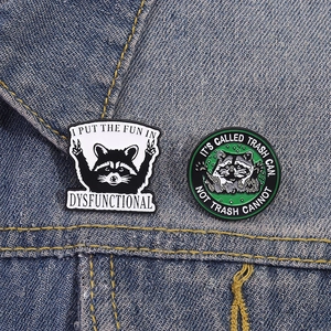 Cartoon raccoon enamel pins on denim fabric with funny quotes for clothing decoration
