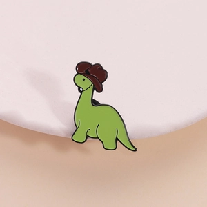 Cute Cartoon Green Dinosaur Enamel Brooch Pin Alloy Animal Badge With Cowboy Hat For Clothing Backpack Decoration Accessory