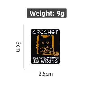 Detail showing dimension and weight of a funny black cat knitting enamel brooch pin