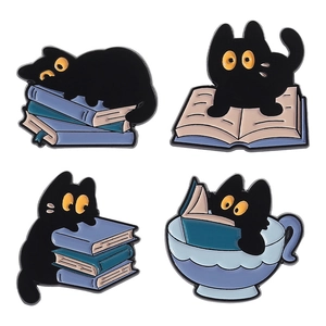 Set of 4 cute black cat enamel pins featuring cartoon cats with books and tea cups