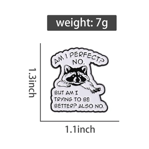 Detail view of cartoon raccoon enamel pin with dimensions 1.3 by 1.1 inches