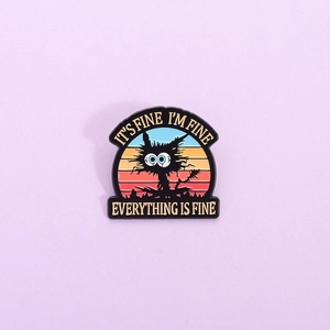 Cute black enamel pin with funny cat sunset design and It's Fine I'm Fine text slogan