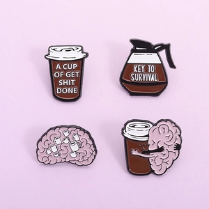 Lot de pins en émail créatifs sur le thème du café avec motifs cerveau et tasse