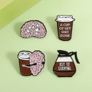 Lot de quatre pin's en émail café et cerveau incluant A Cup of Get Shit Done et Key to Survival
