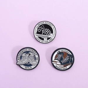 Three retro enamel sneakers pins set with creative authentic street lettering motifs
