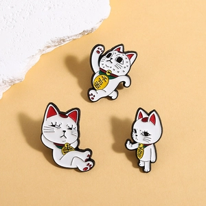 Three-piece set of cute Japanese cartoon white cat enamel pins with gold coin details
