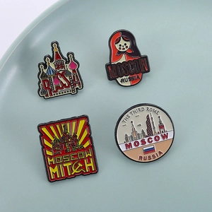 Set of four creative Russian Moscow themed enamel pins featuring matryoshka and landmarks