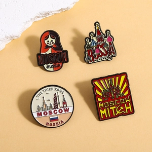 Saint Basil Cathedral and Matryoshka doll enamel pin set with Moscow city skyline badges